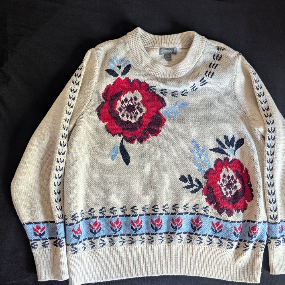 Style & Co. Cream Crewneck Sweater with Red Floral Detail